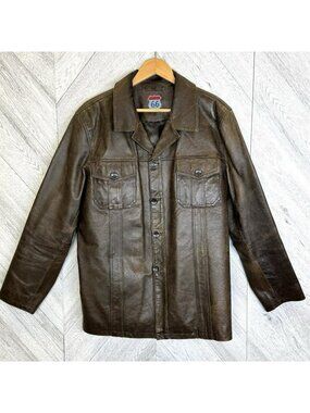 Vintage Y2K Route 66 Leather Jacket Mens Large Brown Distressed Safari Chore